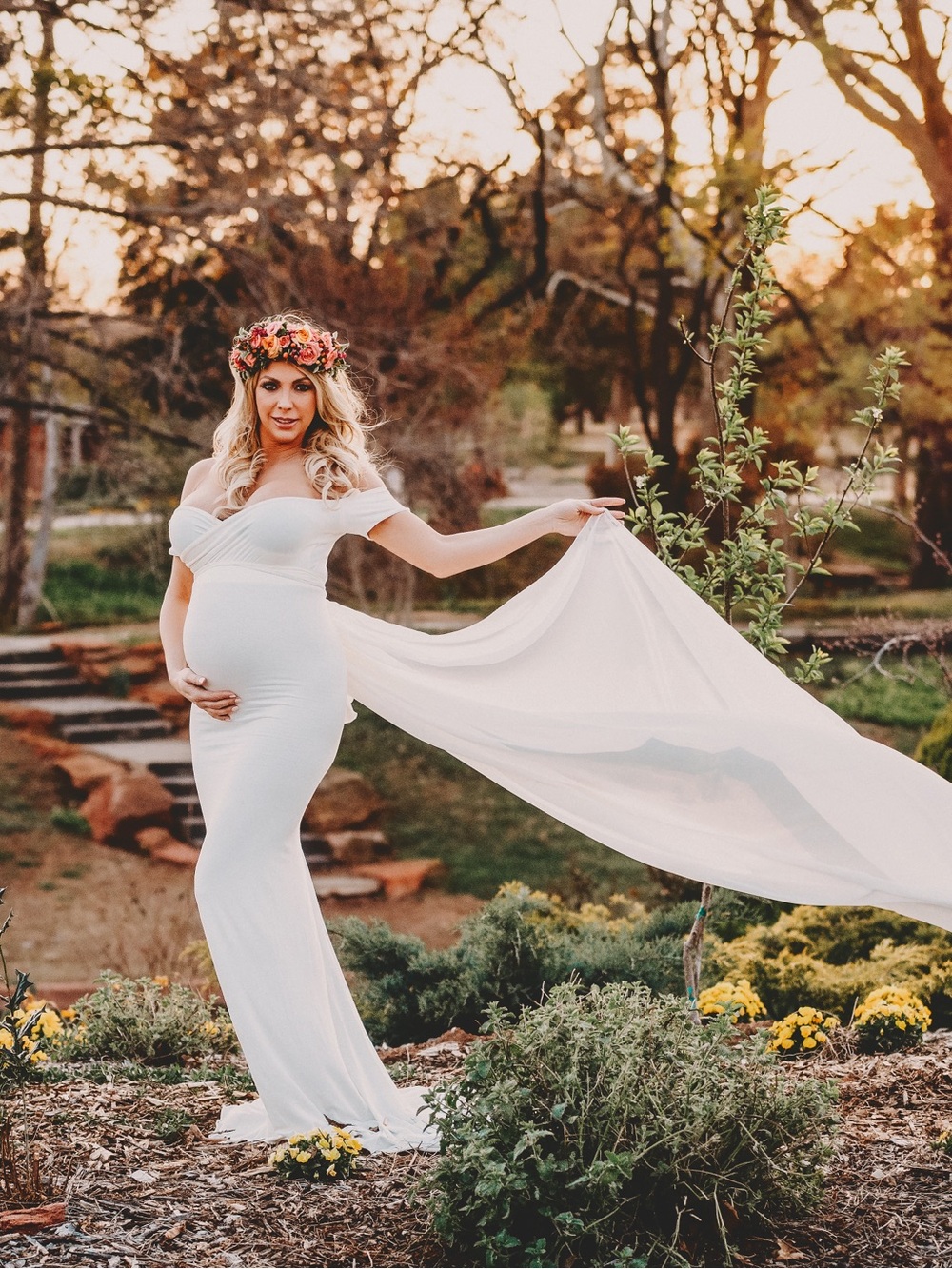 Off-Shoulder Cream Maternity Maxi Dress with Sheer Train
